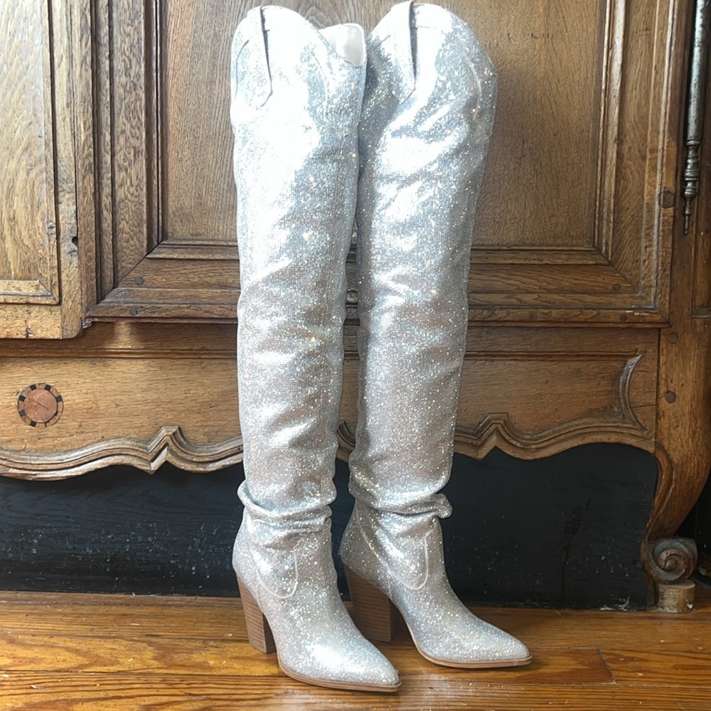Steve Madden Landy-R Rhinestone Over The Knee Cowboy Boots - Picture 6 of 16
